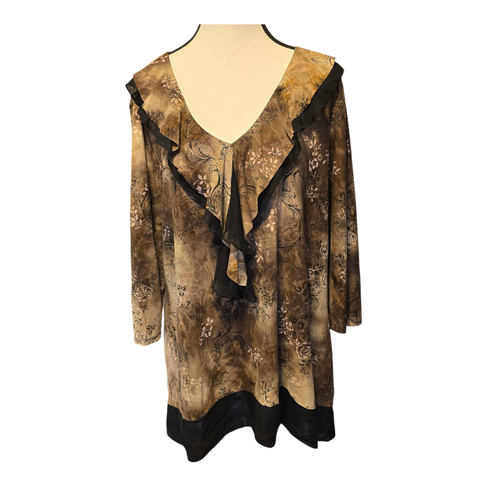 Dressbarn Tunic Top Womens 1X Brown Ruffle Whimsigoth Fairy Grunge Forest Fairy